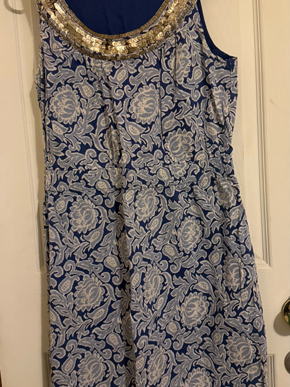 LOFT Navy and Cream Floral Sleeveless Dress with Sequin Neckline